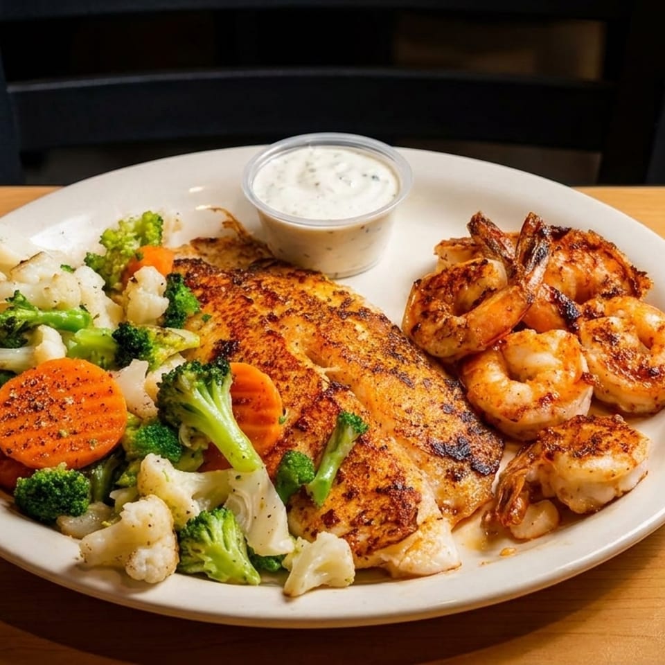 Grilled fish fillet, seasoned shrimp, and mixed steamed vegetables with a side of dipping sauce.