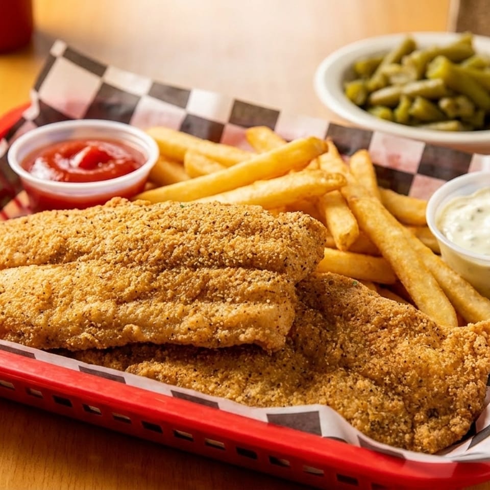Fried fish fillets and french fries in a red basket with ketchup and tartar sauce, and green beans.