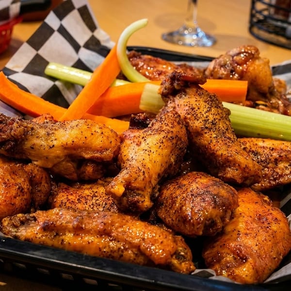 A basket of crispy chicken wings with celery and carrot sticks on checkered paper.