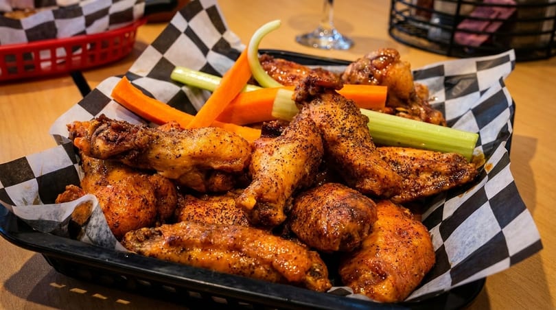A basket of crispy chicken wings with celery and carrot sticks on checkered paper.