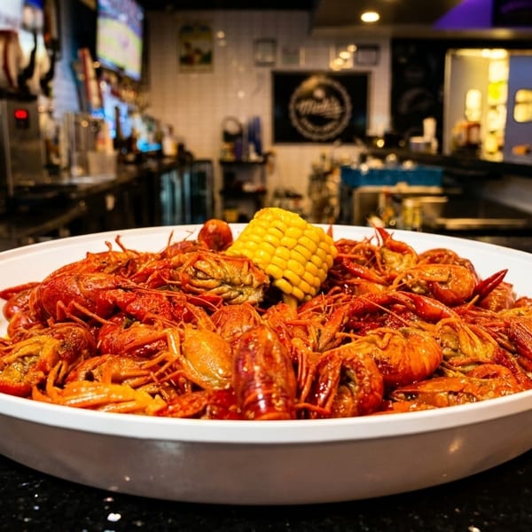 A large white bowl filled with red crawfish and a corn on the cob on a dark bar.