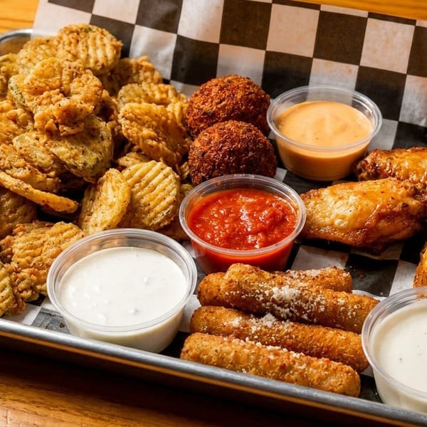 A metal tray filled with fried pickles, hush puppies, mozzarella sticks, chicken wings, and dipping sauces.