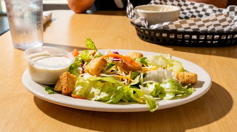 A fresh side salad with lettuce, cheese, croutons, and a side of ranch dressing on a wooden table.